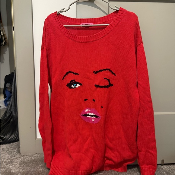 Red Graphic Betsey Johnson Face Sweater - Picture 1 of 3